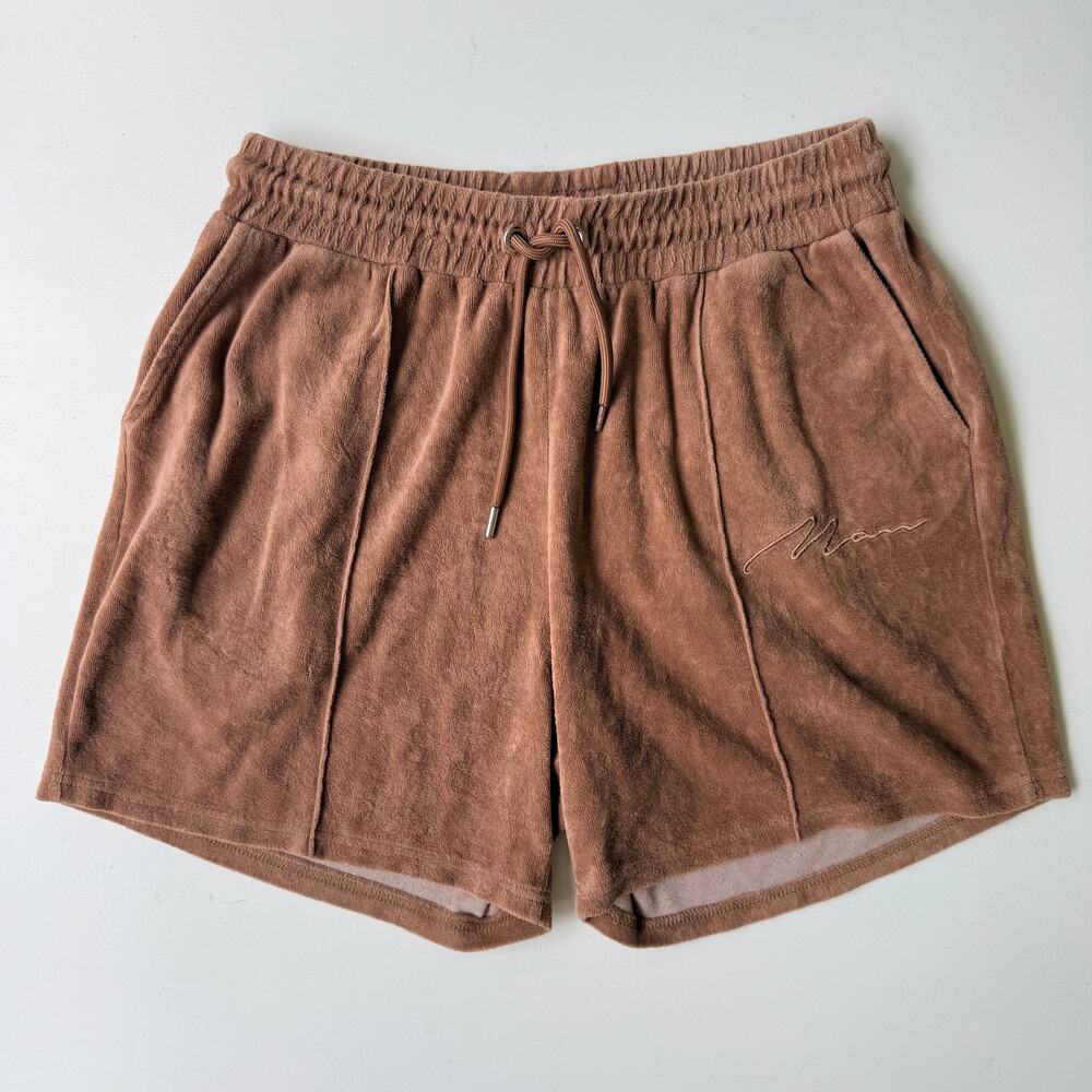 boohooMAN Men's Pintuck Velour Shorts Brown Size Large L Loungewear